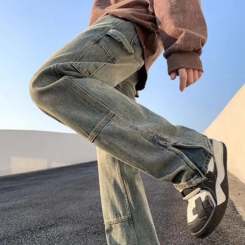 Bonsir American street hip-hop straight leg personalized design for men and women trendy loose leg jeans washed retro casual pants y2k