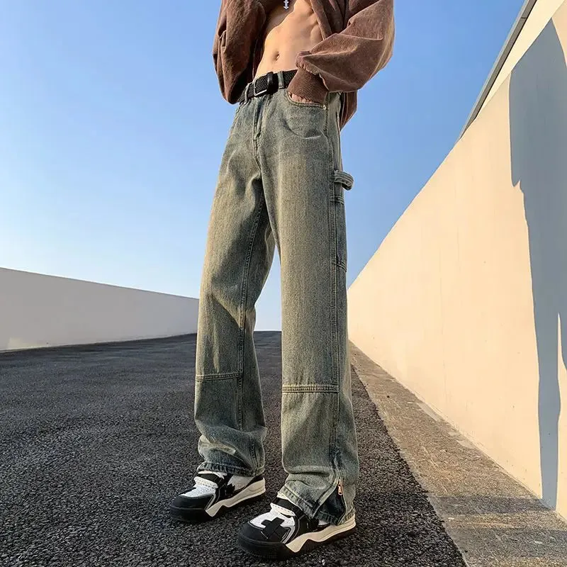 Bonsir American street hip-hop straight leg personalized design for men and women trendy loose leg jeans washed retro casual pants y2k