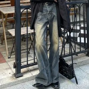 Bonsir American Street Men and Women Trendy Retro Straight Leg Wide Leg Casual Pants Autumn Micro Flare Ragged Edge Washed Jeans y2k