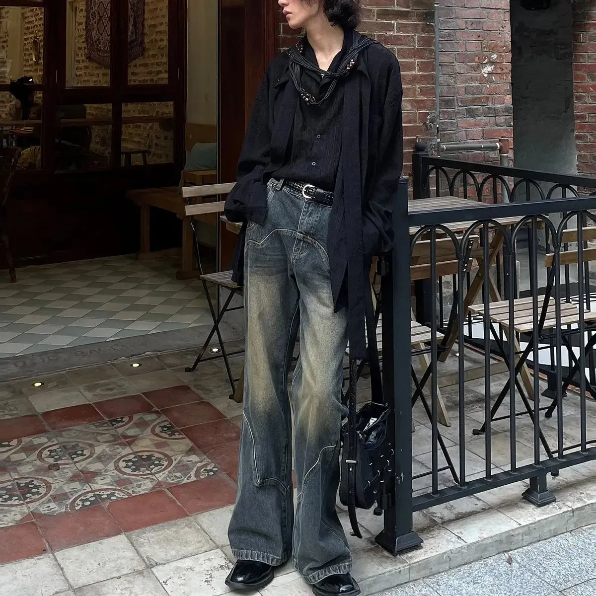 Bonsir American Street Men and Women Trendy Retro Straight Leg Wide Leg Casual Pants Autumn Micro Flare Ragged Edge Washed Jeans y2k