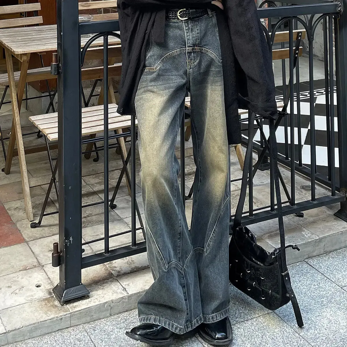 Bonsir American Street Men and Women Trendy Retro Straight Leg Wide Leg Casual Pants Autumn Micro Flare Ragged Edge Washed Jeans y2k