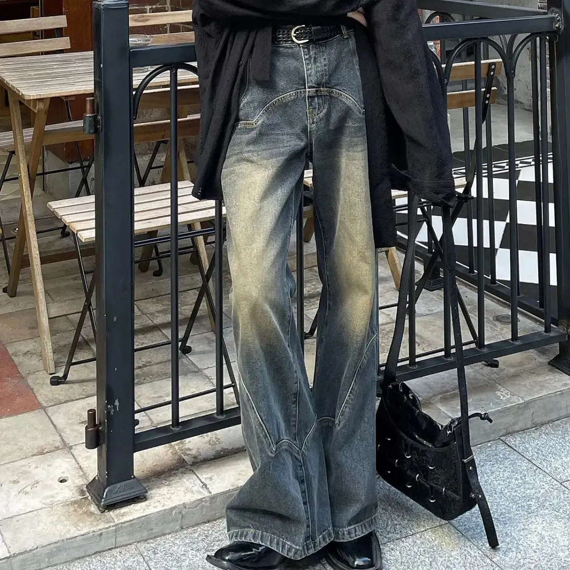 Bonsir American Street Men and Women Trendy Retro Straight Leg Wide Leg Casual Pants Autumn Micro Flare Ragged Edge Washed Jeans y2k