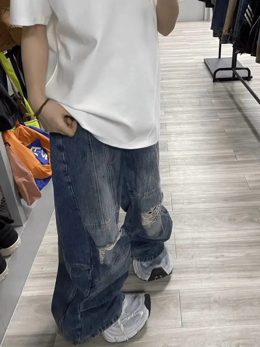 Bonsir Autumn High Street Retro Men and Women Trendy Personalized Straight Tube Washed Jeans Couple Loose Hip Hop Wide Leg Casual Pants