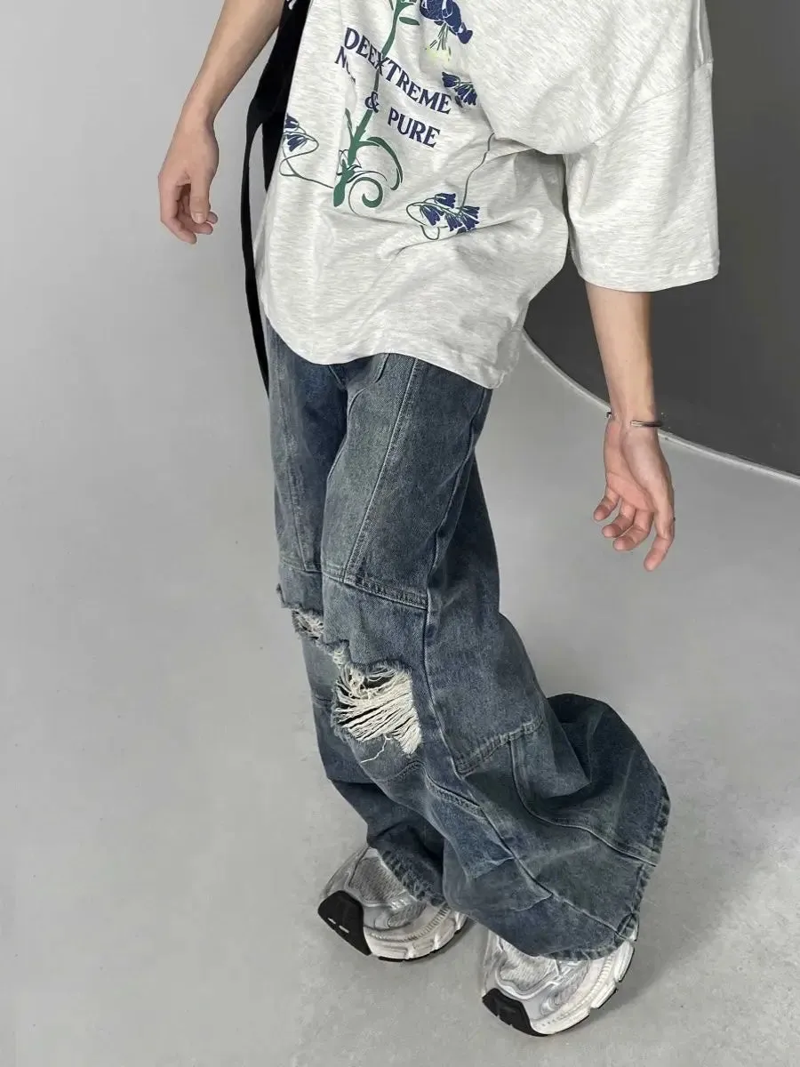 Bonsir Autumn High Street Retro Men and Women Trendy Personalized Straight Tube Washed Jeans Couple Loose Hip Hop Wide Leg Casual Pants