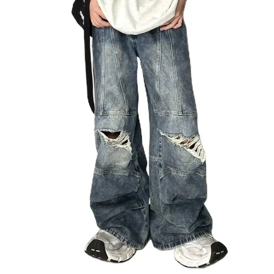 Bonsir Autumn High Street Retro Men and Women Trendy Personalized Straight Tube Washed Jeans Couple Loose Hip Hop Wide Leg Casual Pants