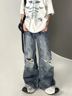 Bonsir Autumn High Street Retro Men and Women Trendy Personalized Straight Tube Washed Jeans Couple Loose Hip Hop Wide Leg Casual Pants