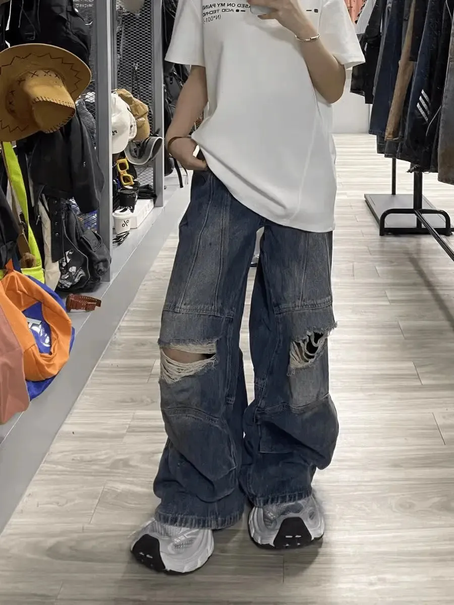 Bonsir Autumn High Street Retro Men and Women Trendy Personalized Straight Tube Washed Jeans Couple Loose Hip Hop Wide Leg Casual Pants