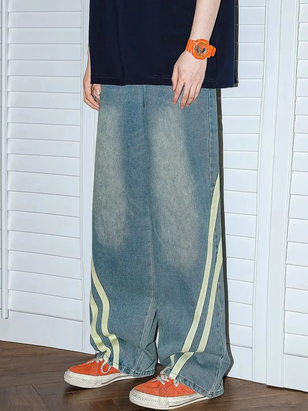 Bonsir Autumn men and women trendy personality retro striped straight leg washed jeans couple hip-hop loose wide leg casual pants y2k