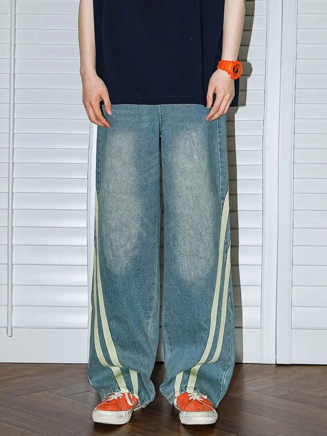 Bonsir Autumn men and women trendy personality retro striped straight leg washed jeans couple hip-hop loose wide leg casual pants y2k