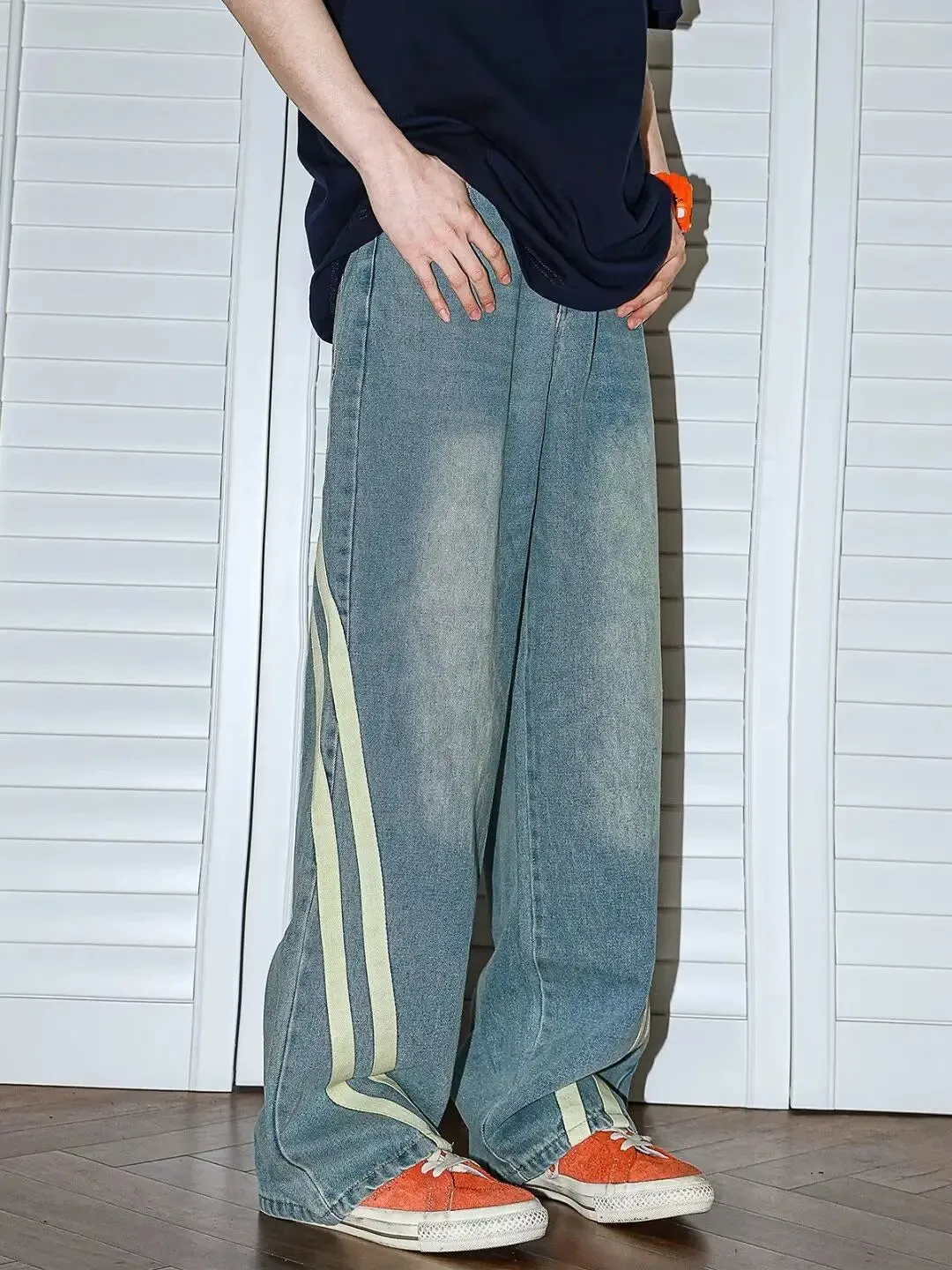 Bonsir Autumn men and women trendy personality retro striped straight leg washed jeans couple hip-hop loose wide leg casual pants y2k