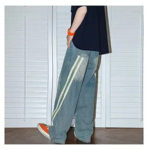 Bonsir Autumn men and women trendy personality retro striped straight leg washed jeans couple hip-hop loose wide leg casual pants y2k