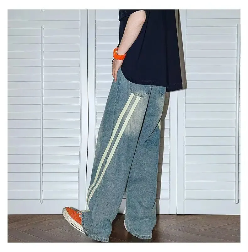 Bonsir Autumn men and women trendy personality retro striped straight leg washed jeans couple hip-hop loose wide leg casual pants y2k