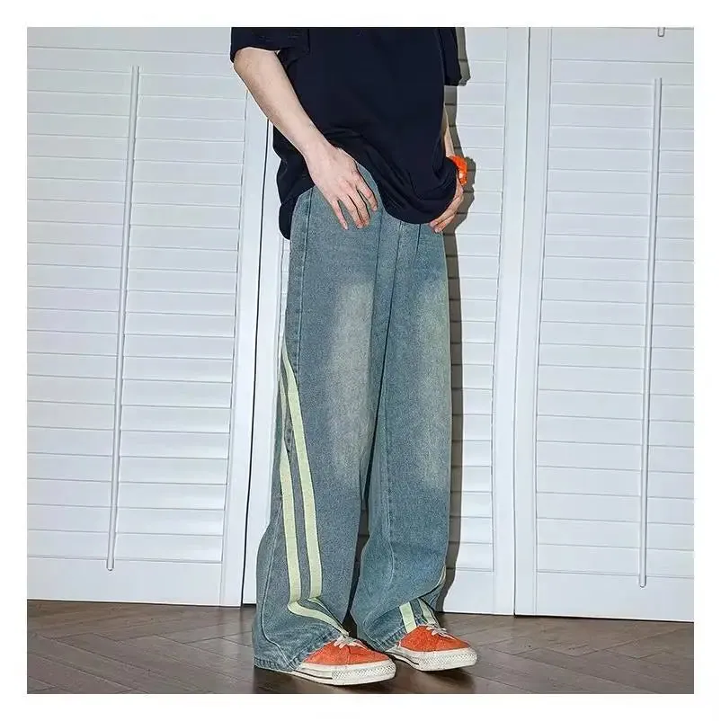 Bonsir Autumn men and women trendy personality retro striped straight leg washed jeans couple hip-hop loose wide leg casual pants y2k