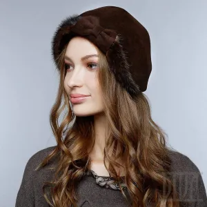 Chic Hat  with Bow and Mink Fur Trim