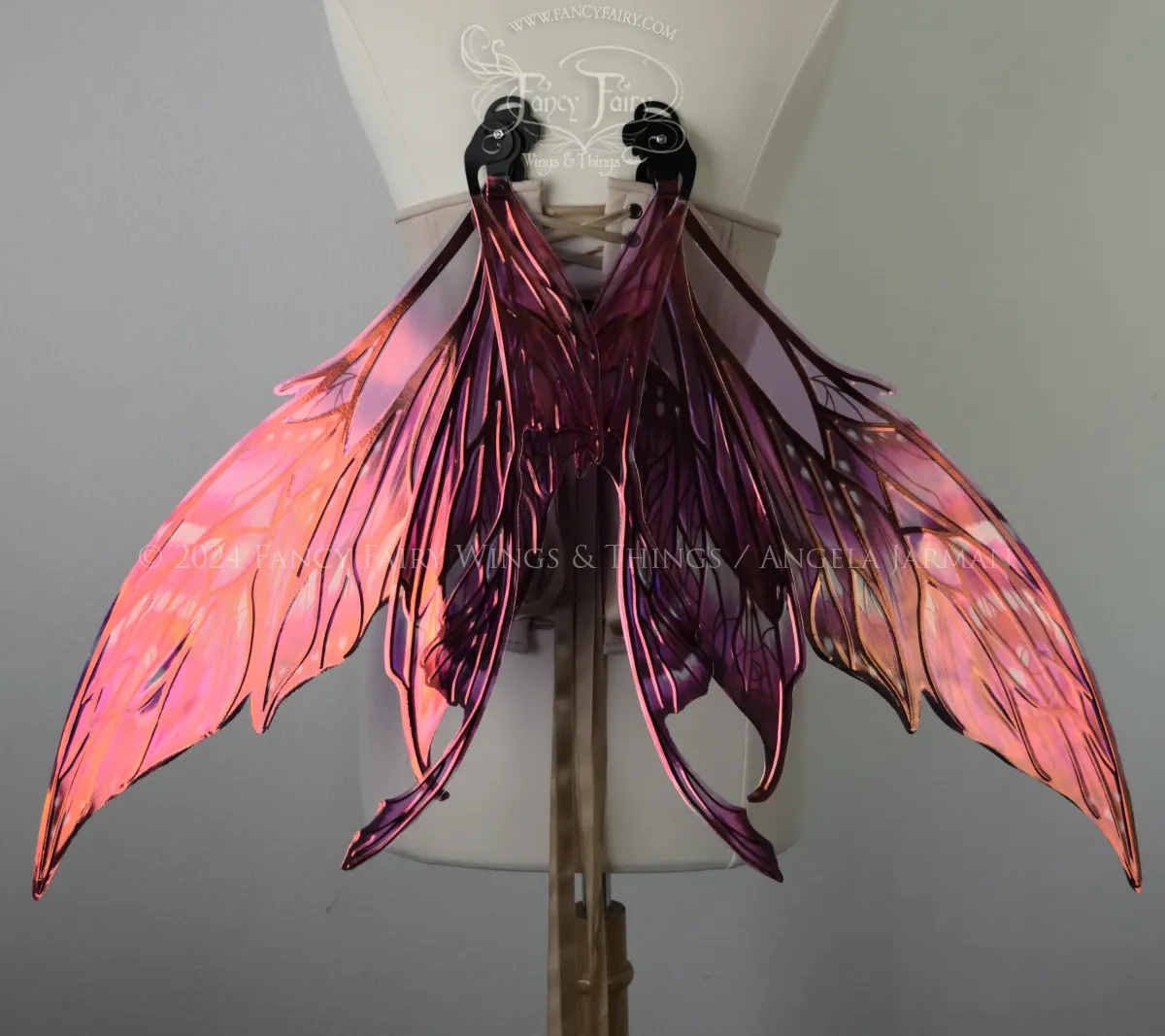 Colette Pink & Black Painted Convertible Iridescent "Pix" Fairy Wings with Black Veins, Ready to Ship