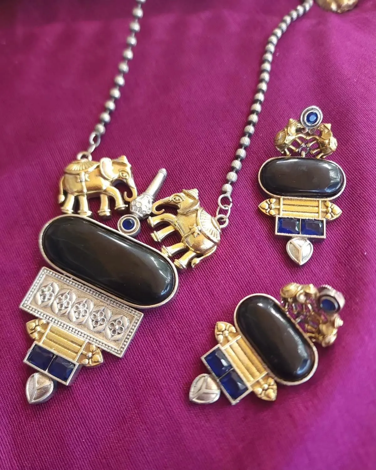 Designer Fusion SLA Dual Tone Bohemian Pachi Kundan Elephant Pendant Necklace Mala