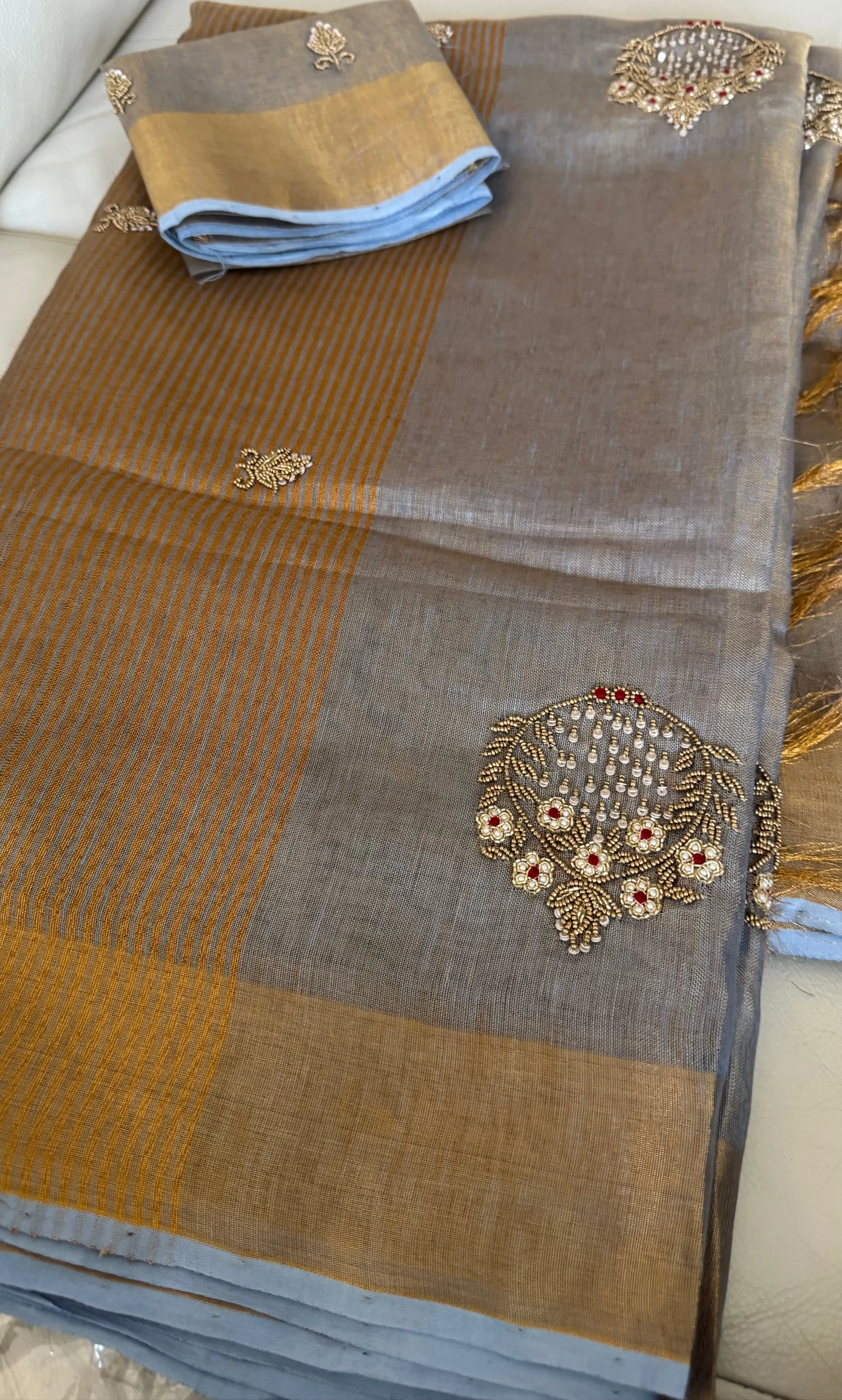 Dual Tone Grey Silver Gold Tone Tissue Linen Saree
