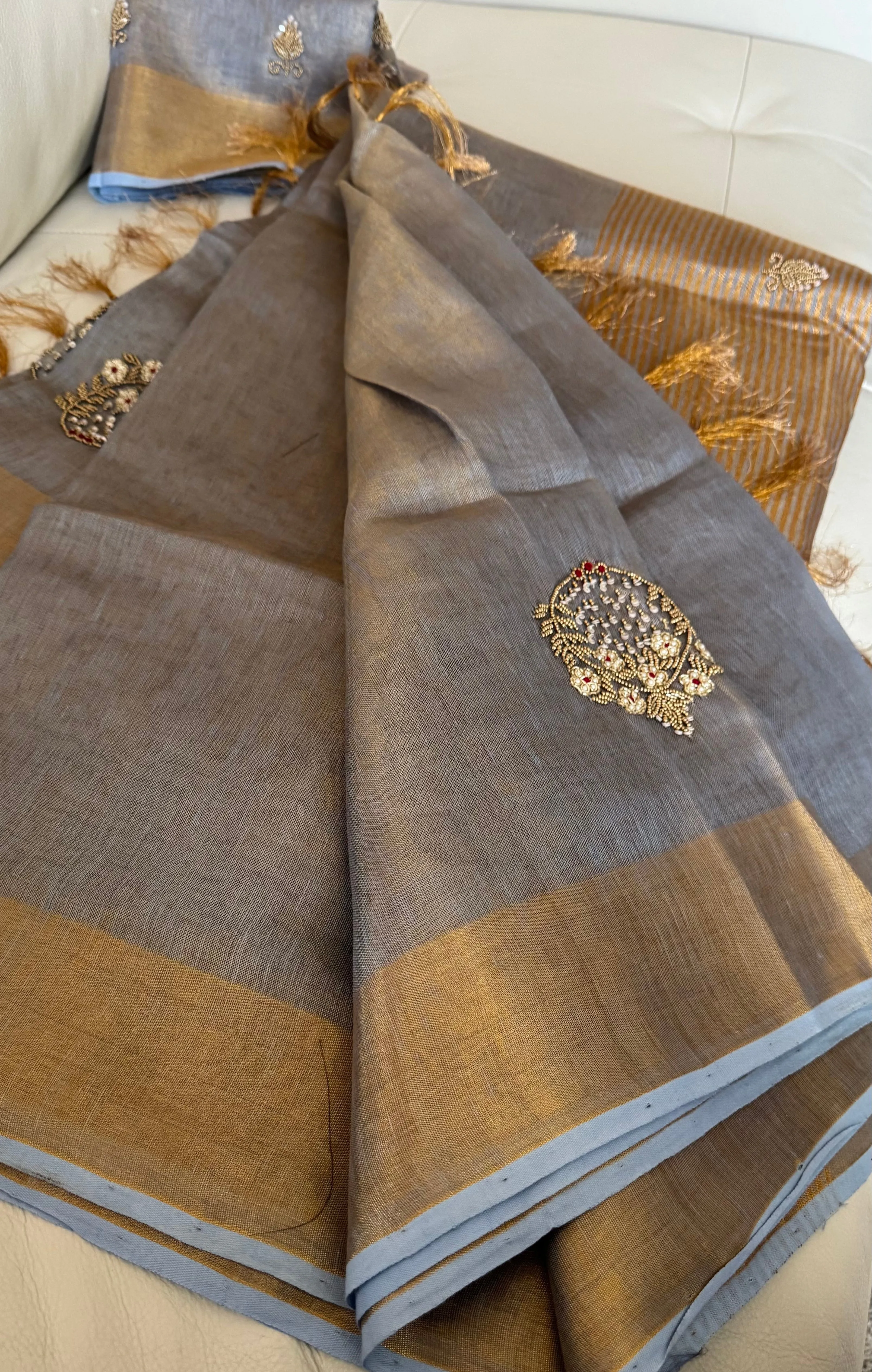 Dual Tone Grey Silver Gold Tone Tissue Linen Saree