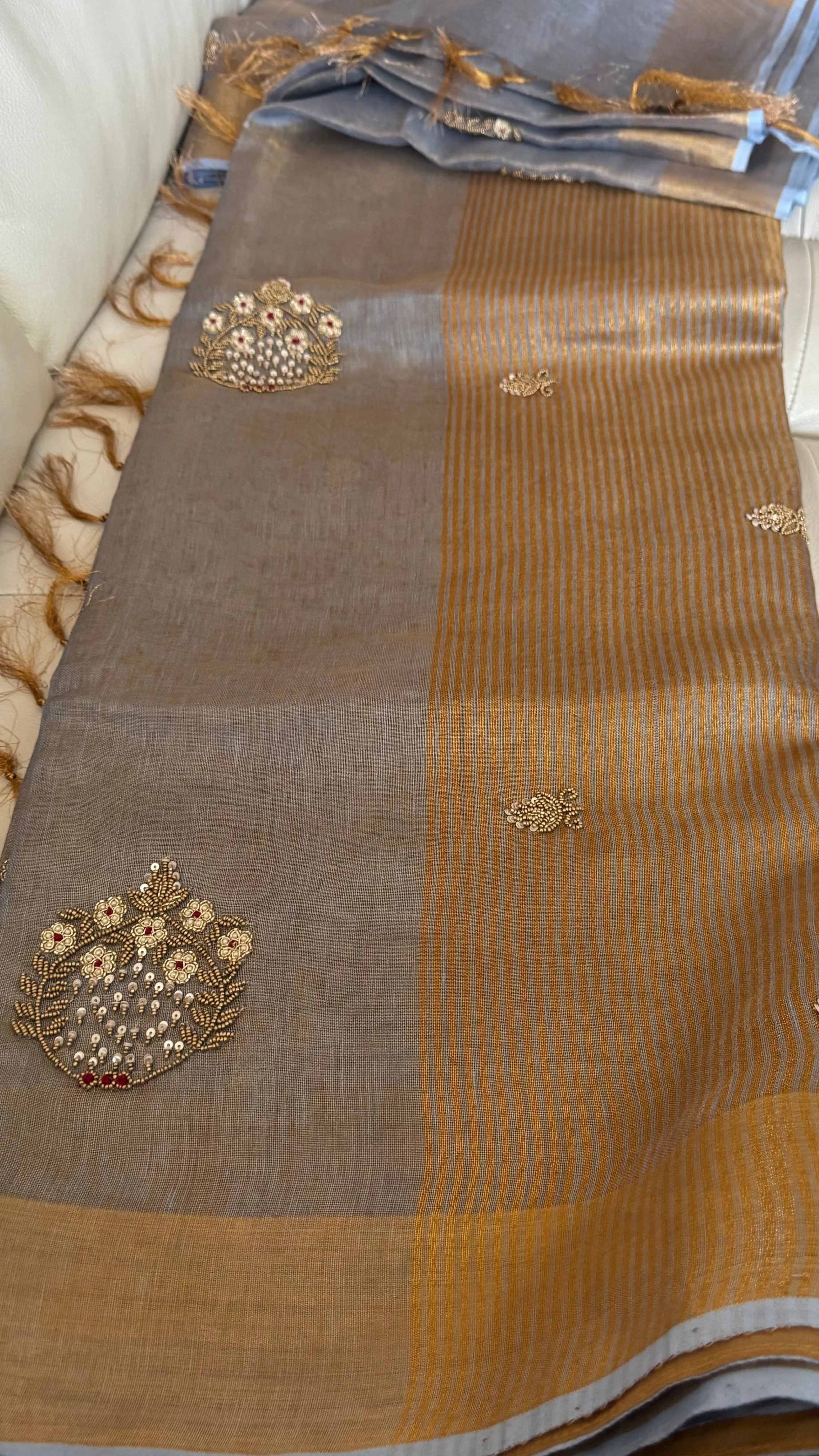 Dual Tone Grey Silver Gold Tone Tissue Linen Saree