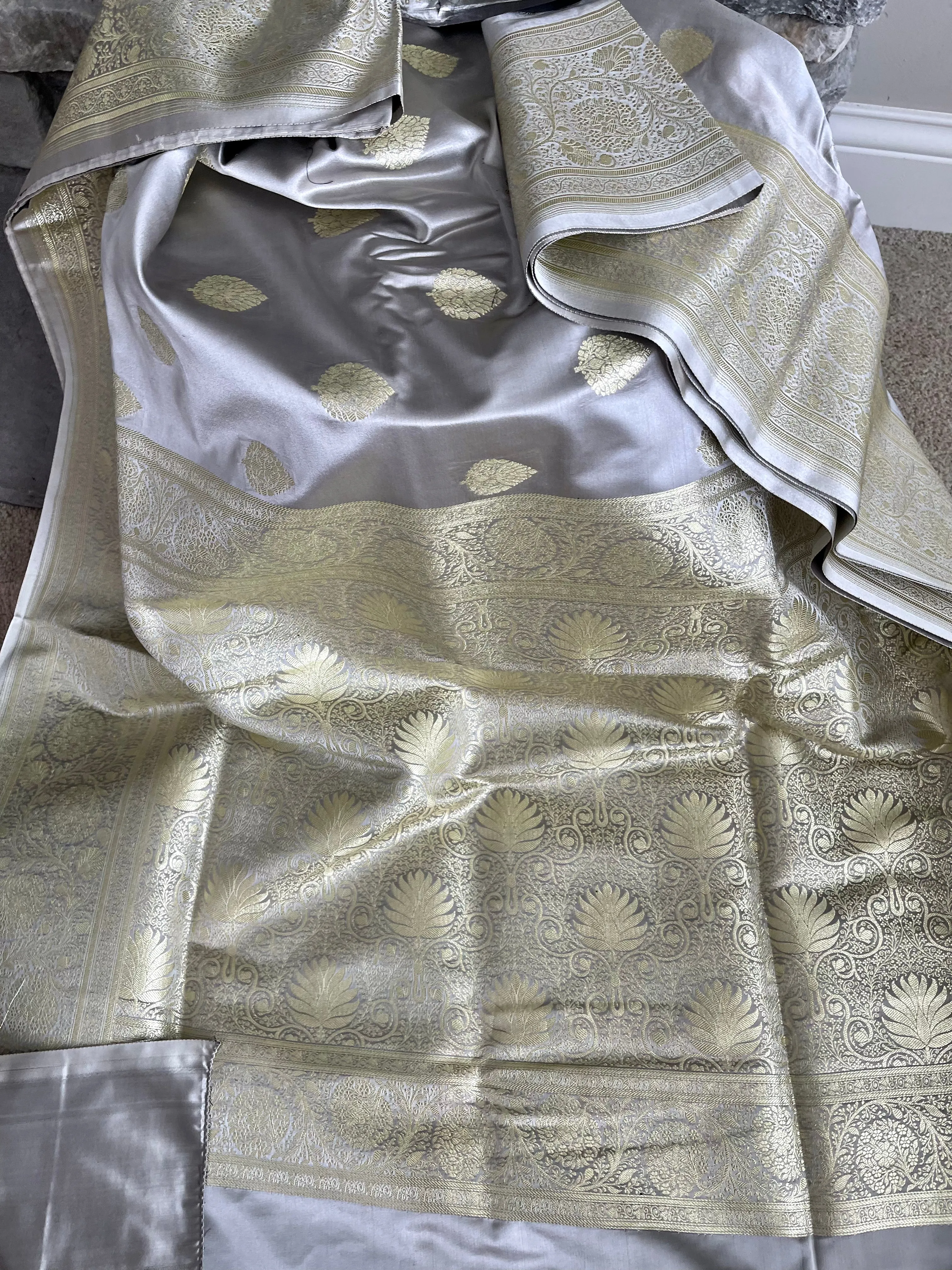 Dual Tone Silver/Grey and Gold Banarasi Silk Saree