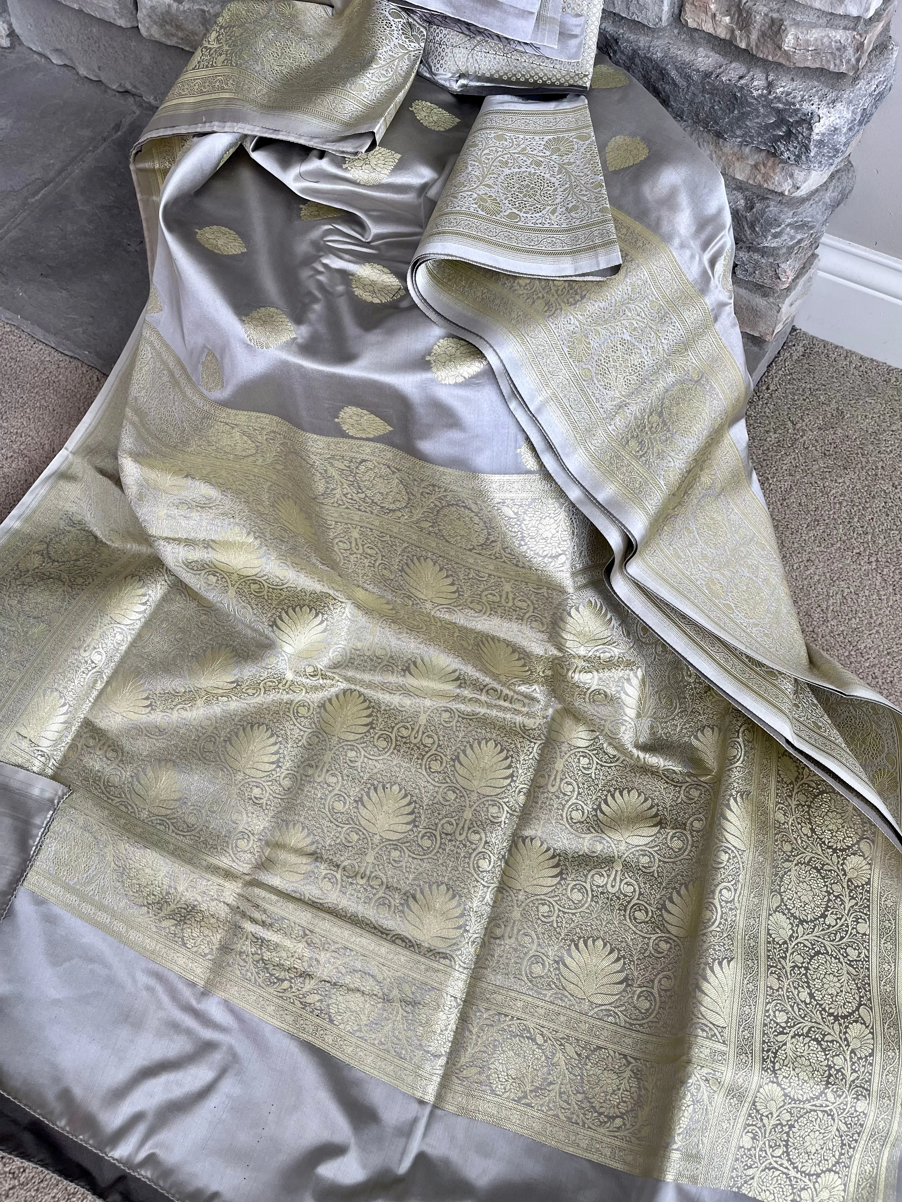 Dual Tone Silver/Grey and Gold Banarasi Silk Saree