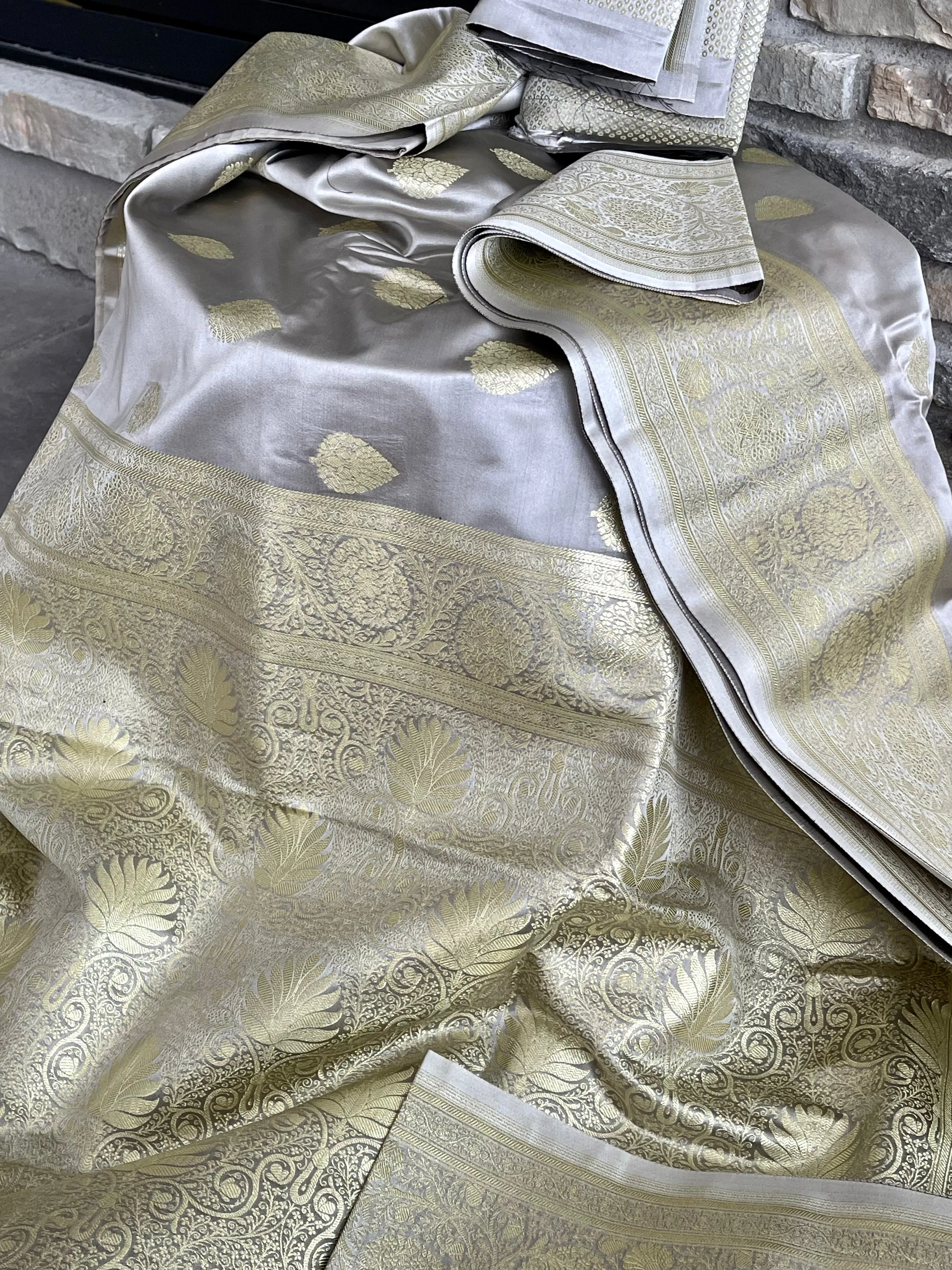 Dual Tone Silver/Grey and Gold Banarasi Silk Saree