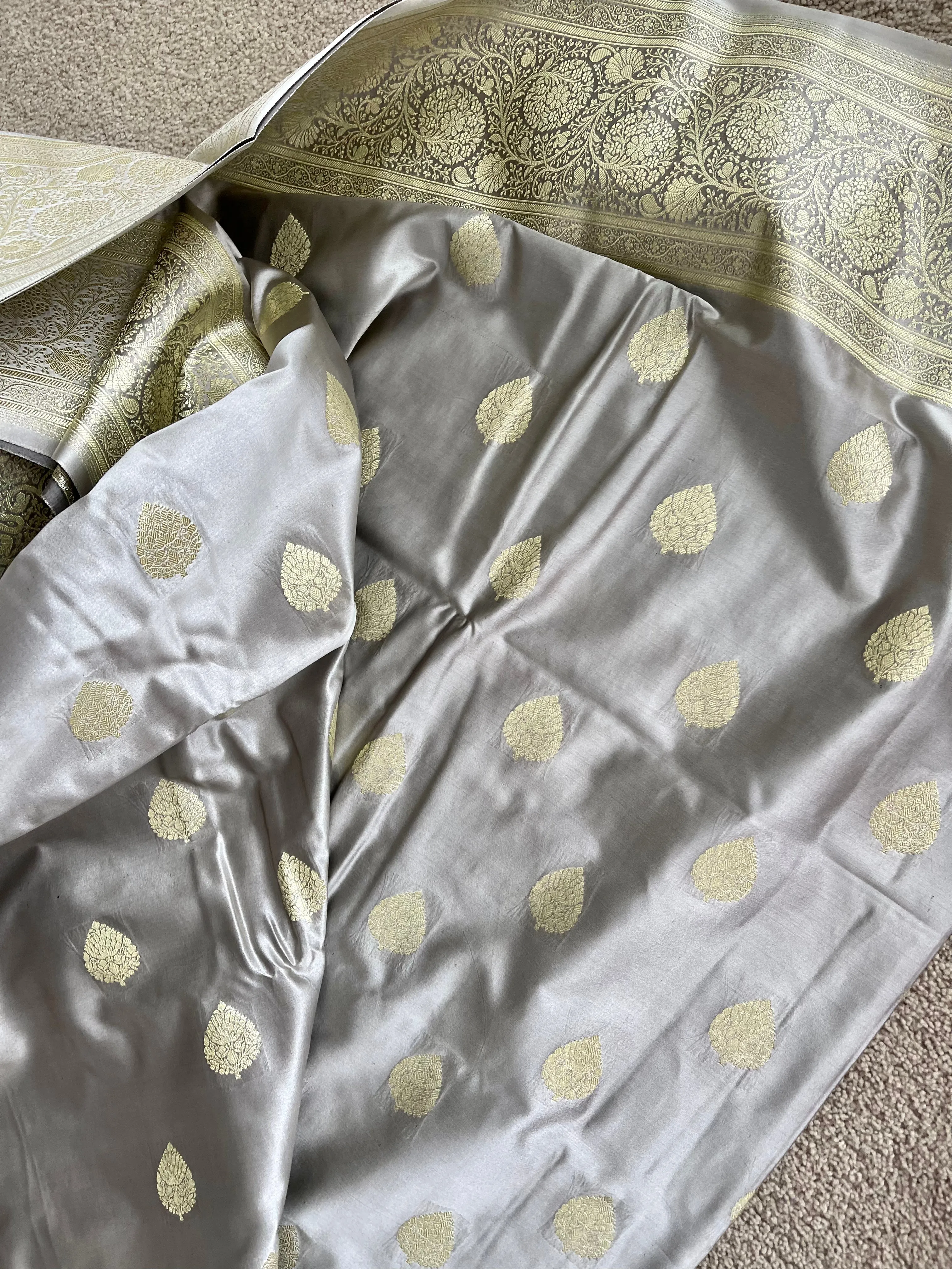 Dual Tone Silver/Grey and Gold Banarasi Silk Saree