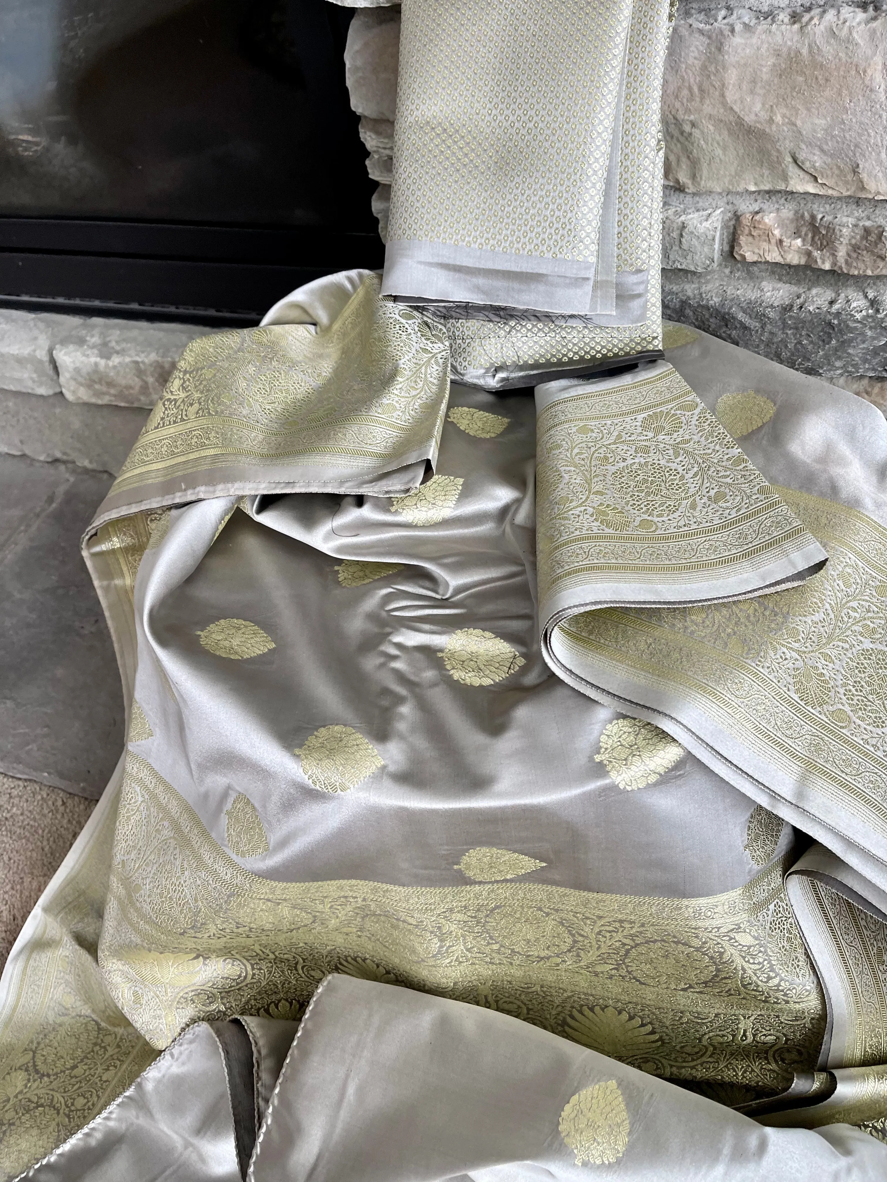 Dual Tone Silver/Grey and Gold Banarasi Silk Saree