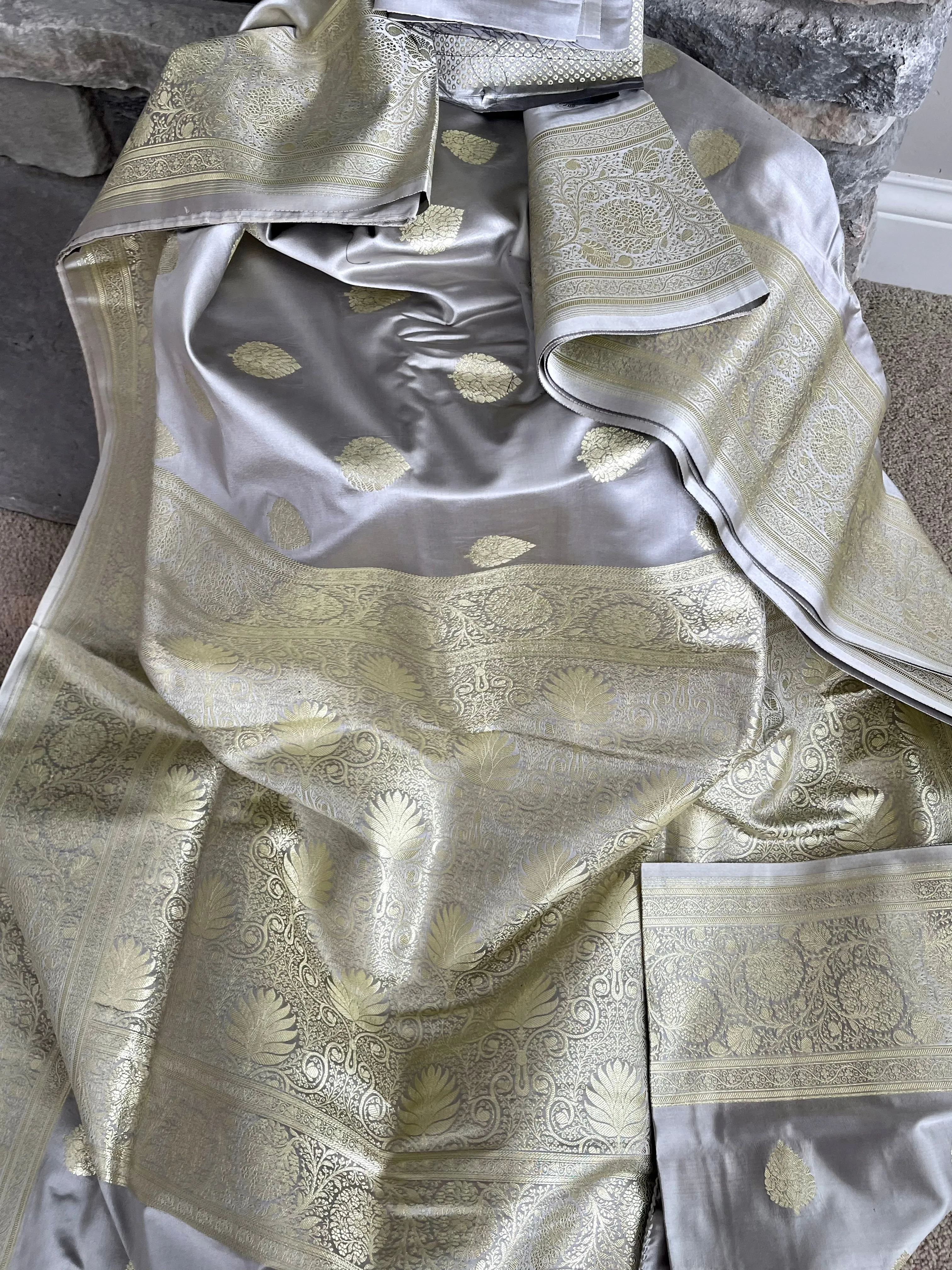 Dual Tone Silver/Grey and Gold Banarasi Silk Saree