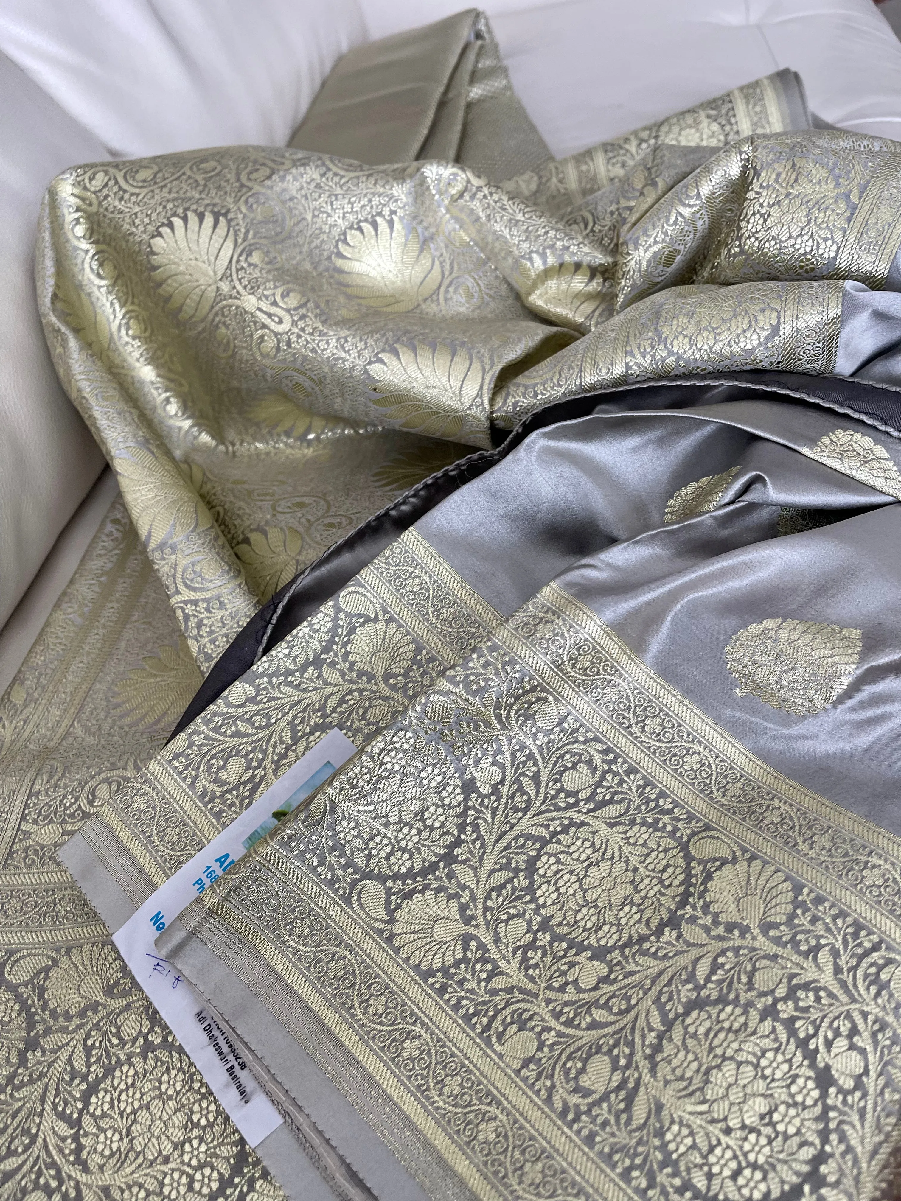 Dual Tone Silver/Grey and Gold Banarasi Silk Saree