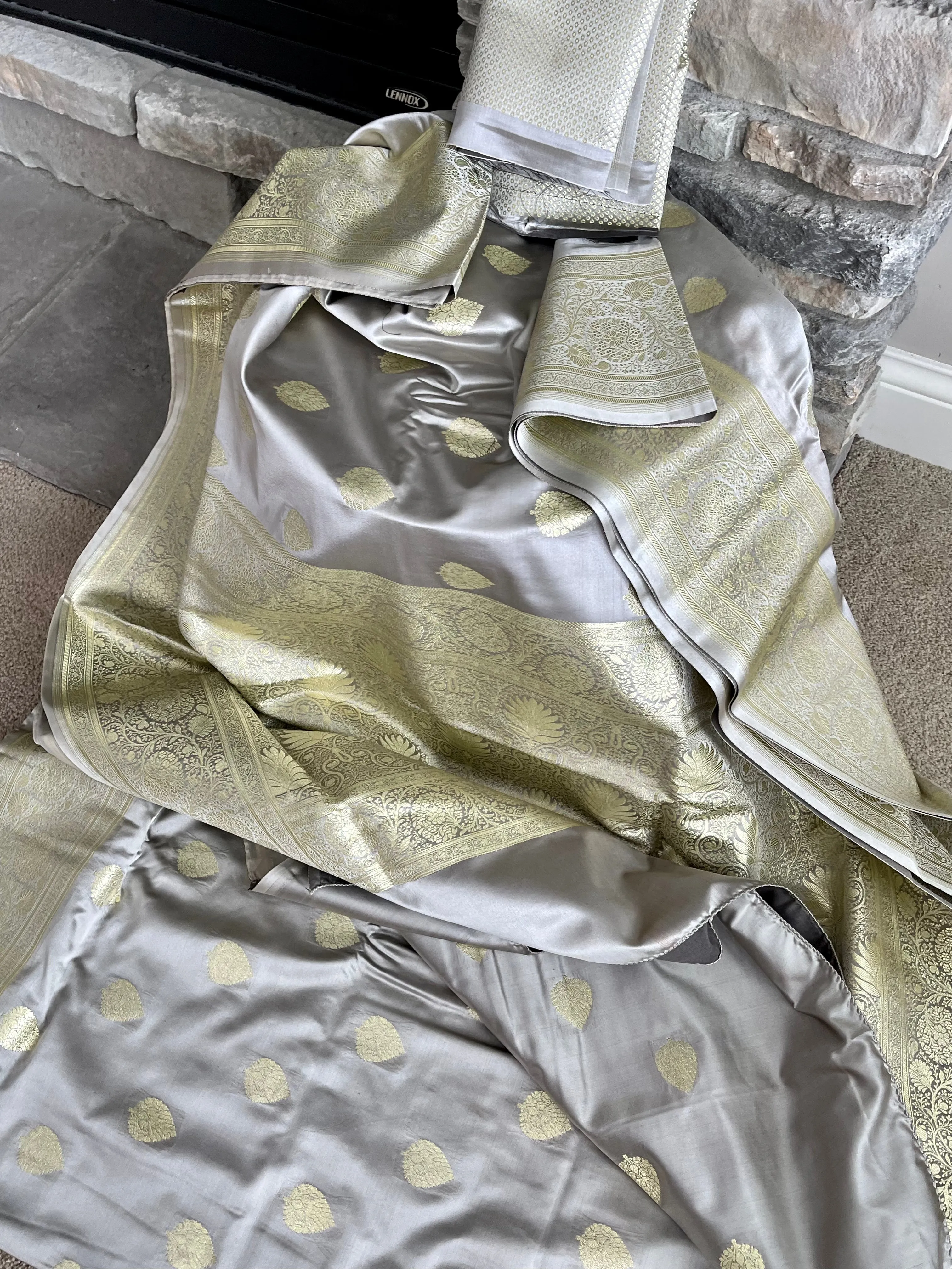 Dual Tone Silver/Grey and Gold Banarasi Silk Saree