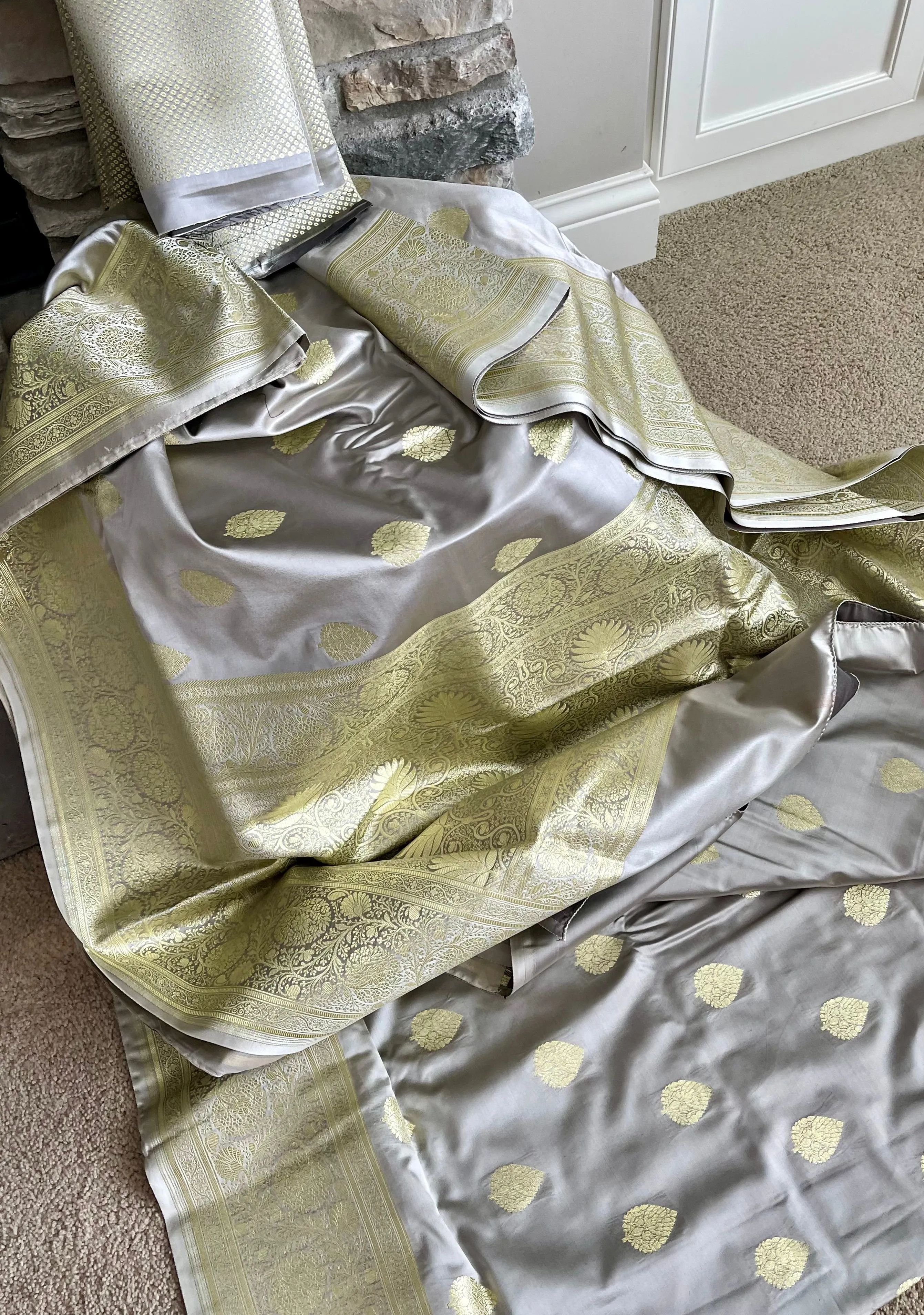Dual Tone Silver/Grey and Gold Banarasi Silk Saree
