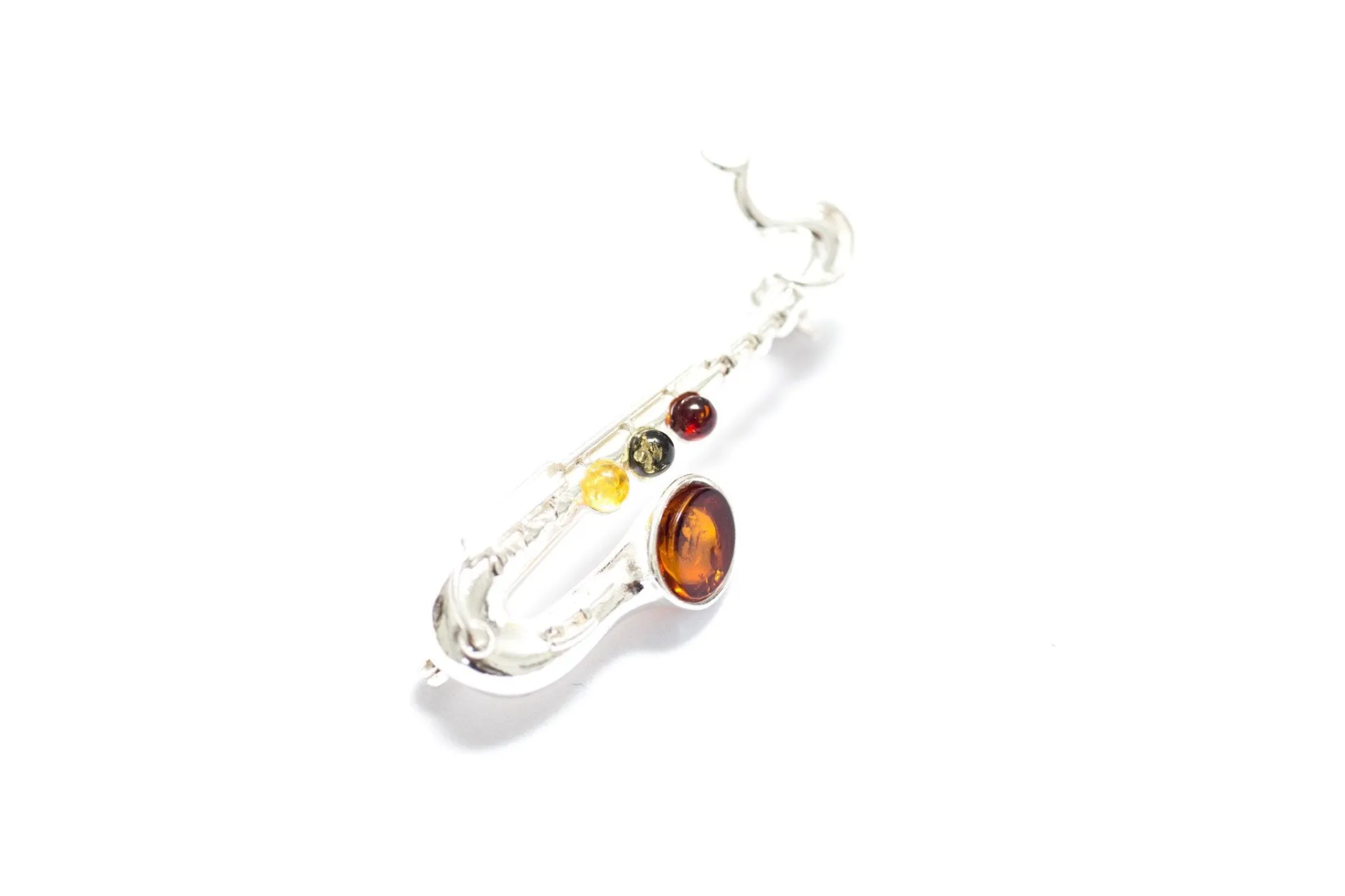 Elegant Multi Amber Saxophone Brooch | Sterling Silver & Baltic Amber - Perfect for Music Lovers