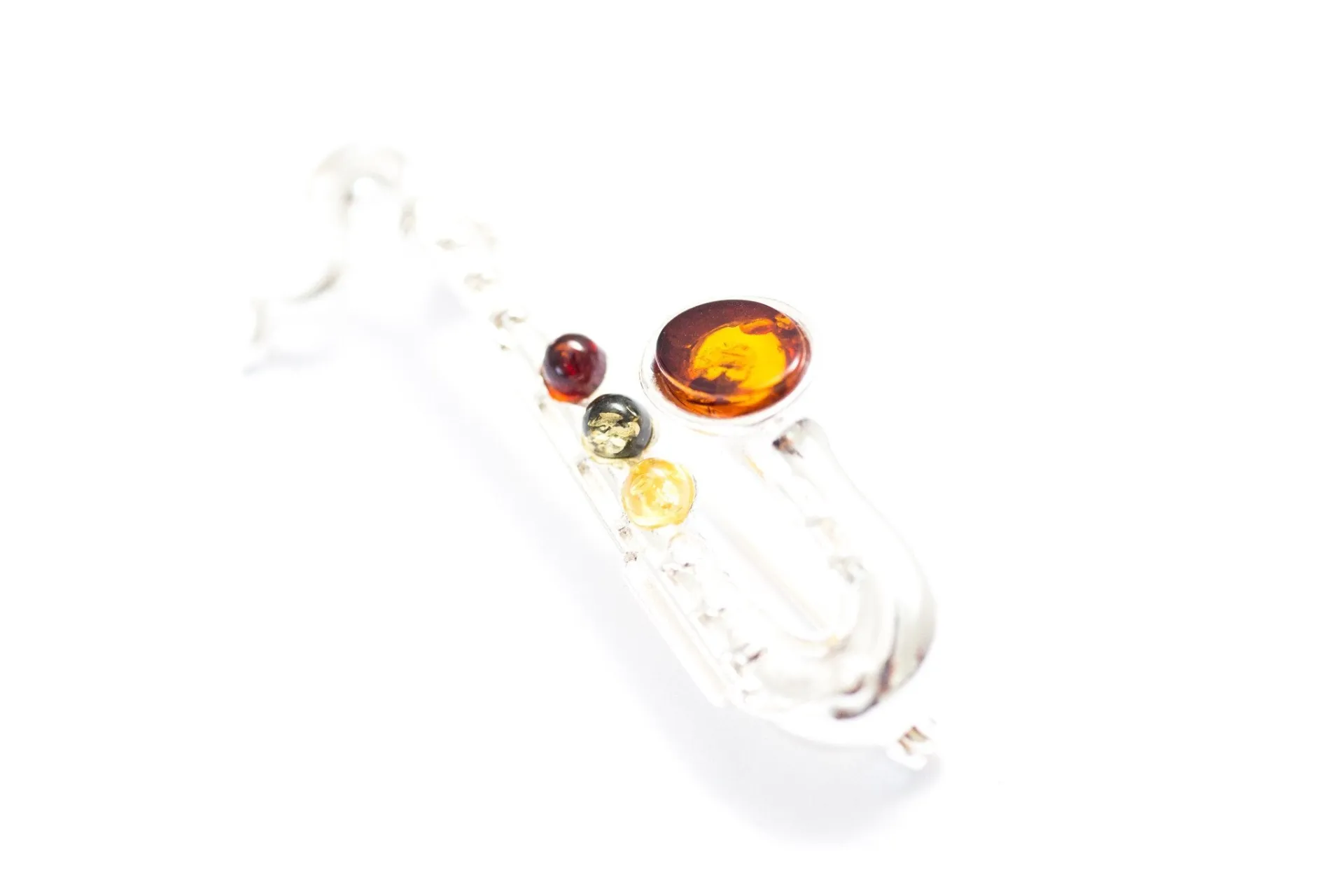 Elegant Multi Amber Saxophone Brooch | Sterling Silver & Baltic Amber - Perfect for Music Lovers