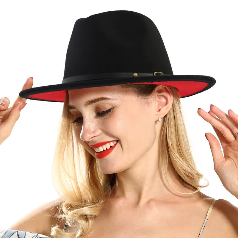 Flat Brim European And American  Woolen Top Color Matching  Fedora Jazz Hat
