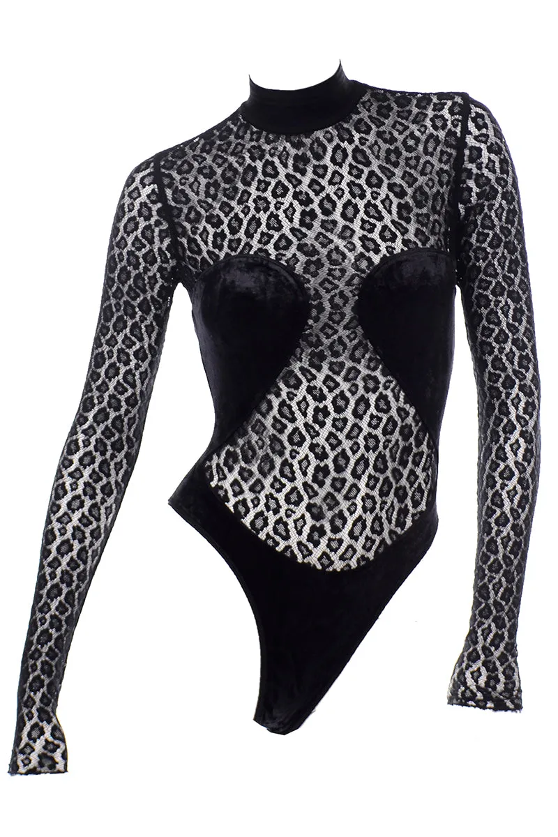 F/W 1991 Alaia Runway Sheer Black Animal Print Lace & Velvet Bodysuit Top