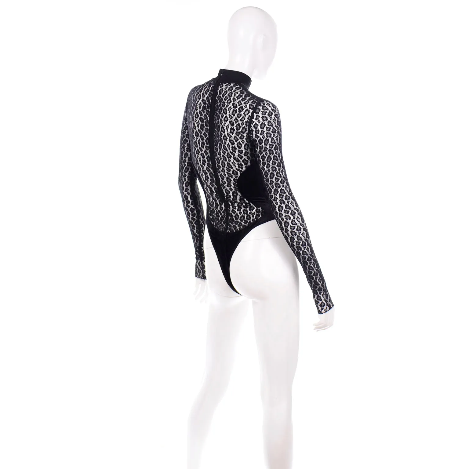 F/W 1991 Alaia Runway Sheer Black Animal Print Lace & Velvet Bodysuit Top