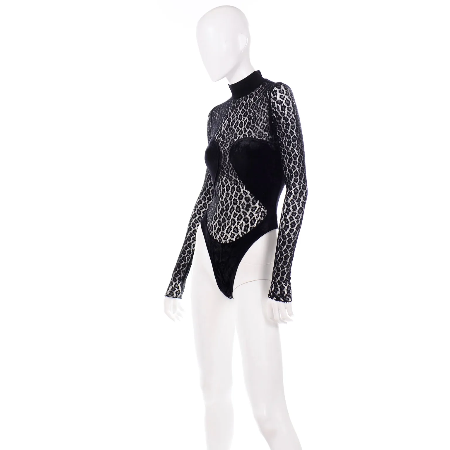 F/W 1991 Alaia Runway Sheer Black Animal Print Lace & Velvet Bodysuit Top