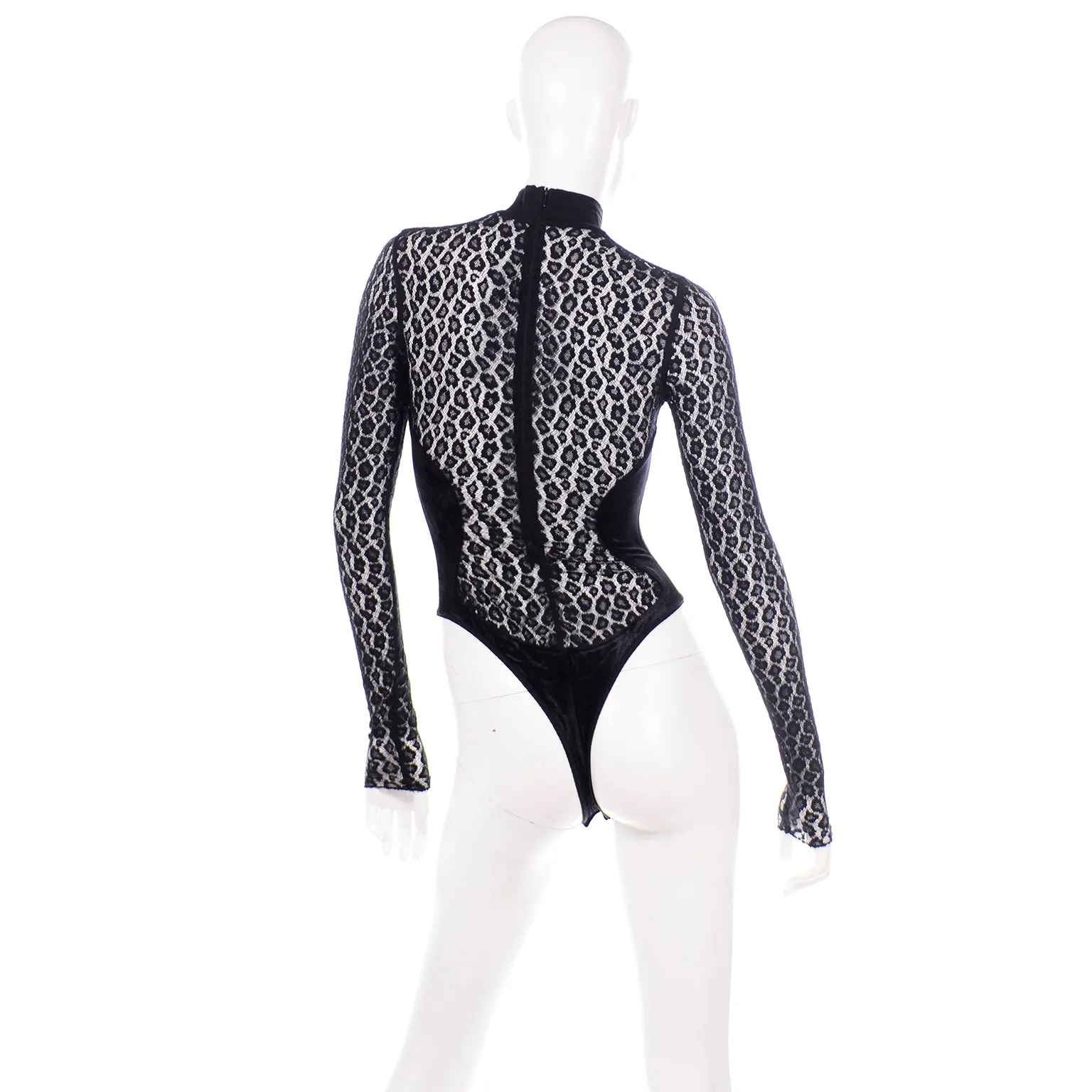 F/W 1991 Alaia Runway Sheer Black Animal Print Lace & Velvet Bodysuit Top