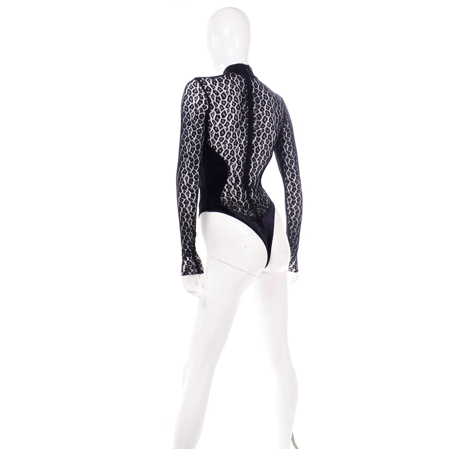 F/W 1991 Alaia Runway Sheer Black Animal Print Lace & Velvet Bodysuit Top