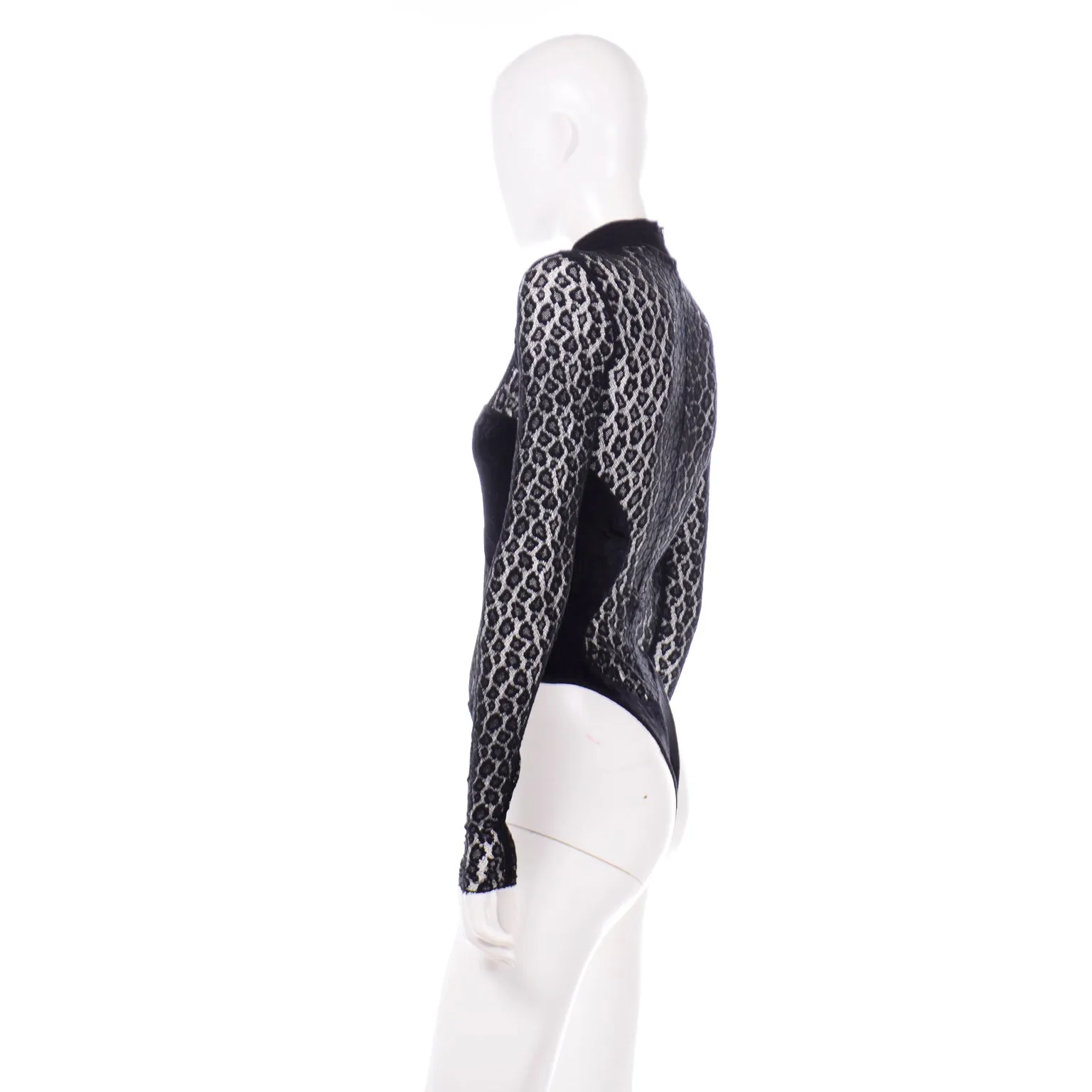 F/W 1991 Alaia Runway Sheer Black Animal Print Lace & Velvet Bodysuit Top