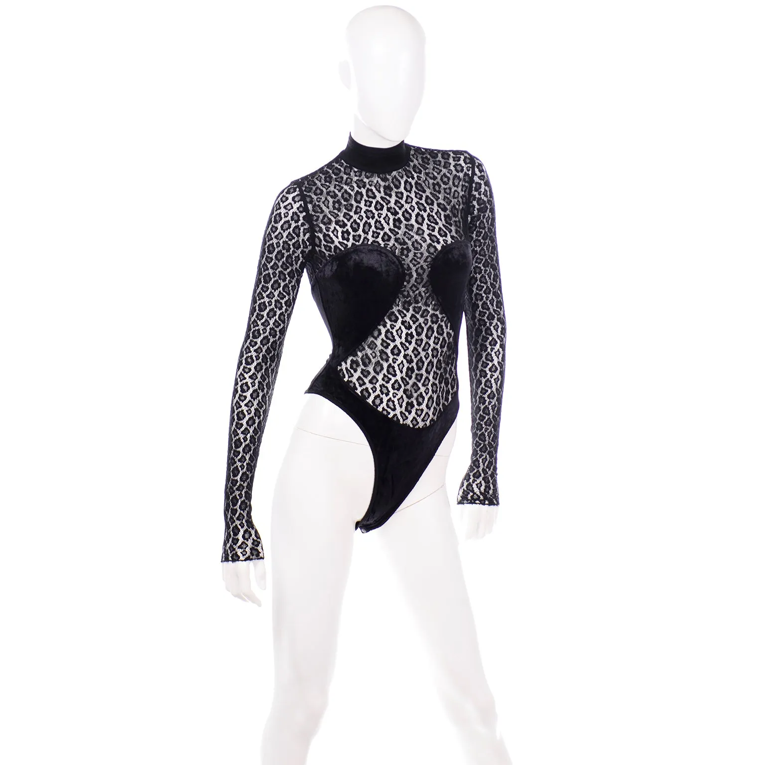F/W 1991 Alaia Runway Sheer Black Animal Print Lace & Velvet Bodysuit Top
