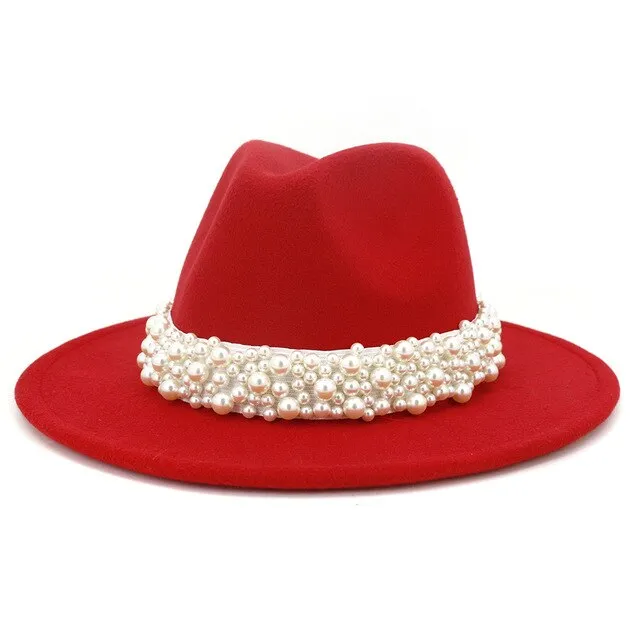 Jazz Fedora Hats with Pearls Band Women White Felted Top Cap Wide Brim