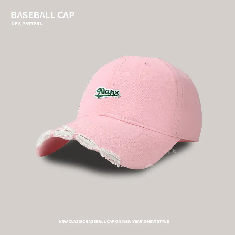 Retro Ripped Denim Baseball Hat For Female Couples, All-Match, Small, Big Head Circumference, Wide-Brimmed Peaked Cap, Trendy For Female Couples