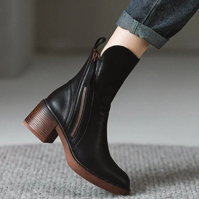 Retro Style Mid-Calf Side Zipper Martin Boots Autumn  New HOTan Style Chunky Heel Fashion Trendy Women's Boots