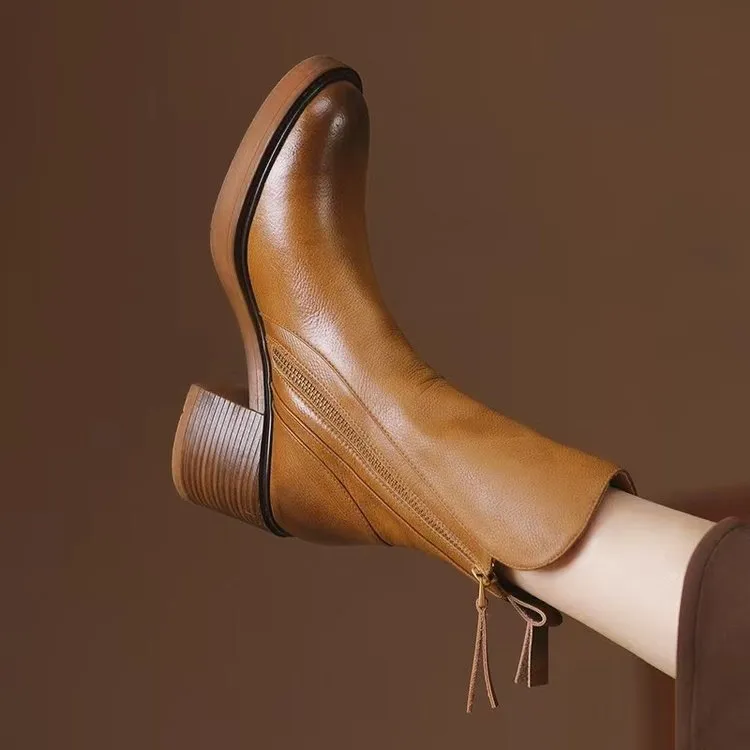 Retro Style Mid-Calf Side Zipper Martin Boots Autumn  New HOTan Style Chunky Heel Fashion Trendy Women's Boots