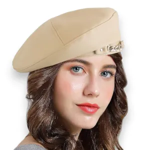 Street Ecru Faux Leather Beret Hat