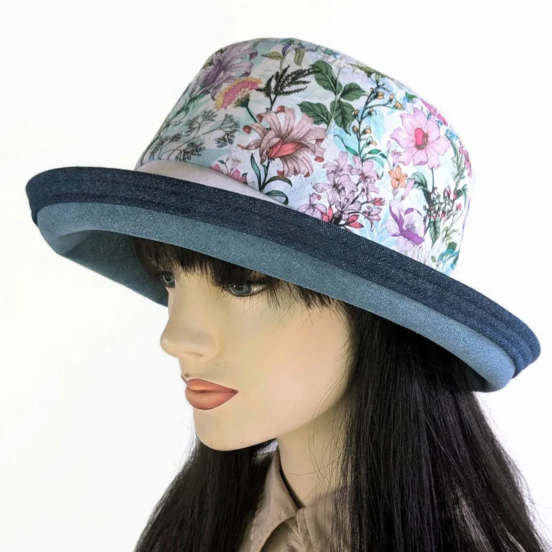 Sunblocker UV summer sun hat with wide brim, featuring pretty flowers, adjustable fit