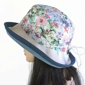 Sunblocker UV summer sun hat with wide brim, featuring pretty flowers, adjustable fit