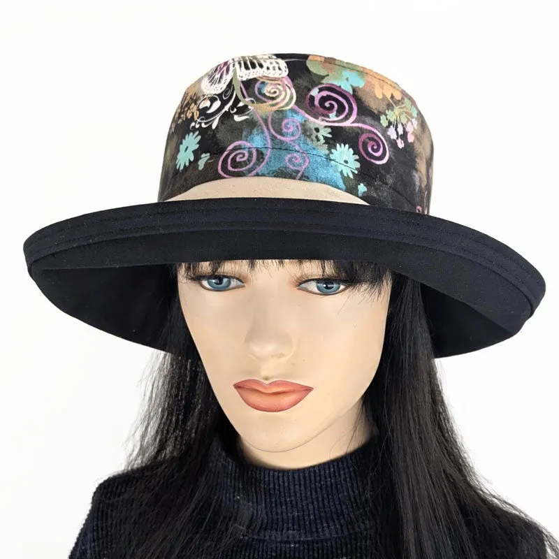 Sunblocker UV summer sun hat with wide brim, pretty butterflies on black, adjustable fit